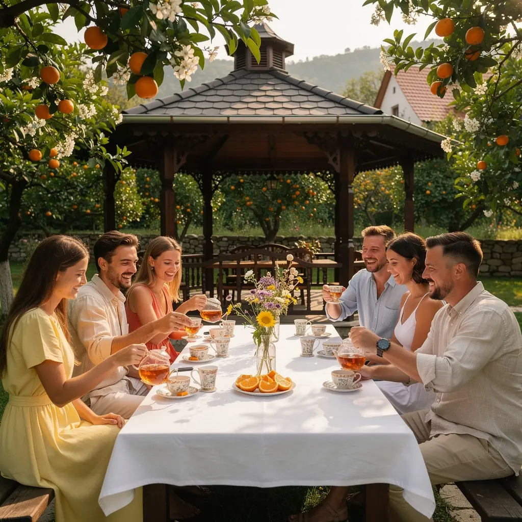 Záber na šálku čaju s mandarínkovými listami a kôrou