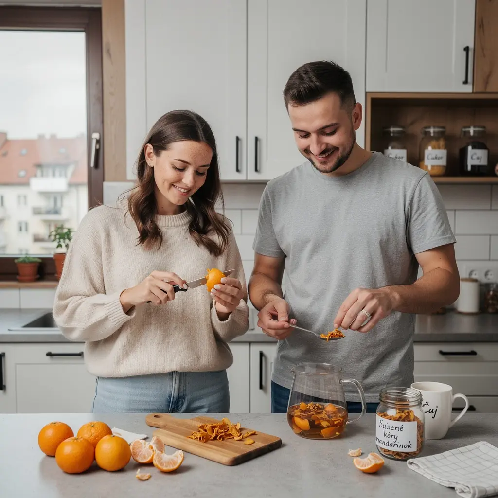 Osrefreshujúca scéna s čajom z mandarínkovej kôry na slnečnom okne.