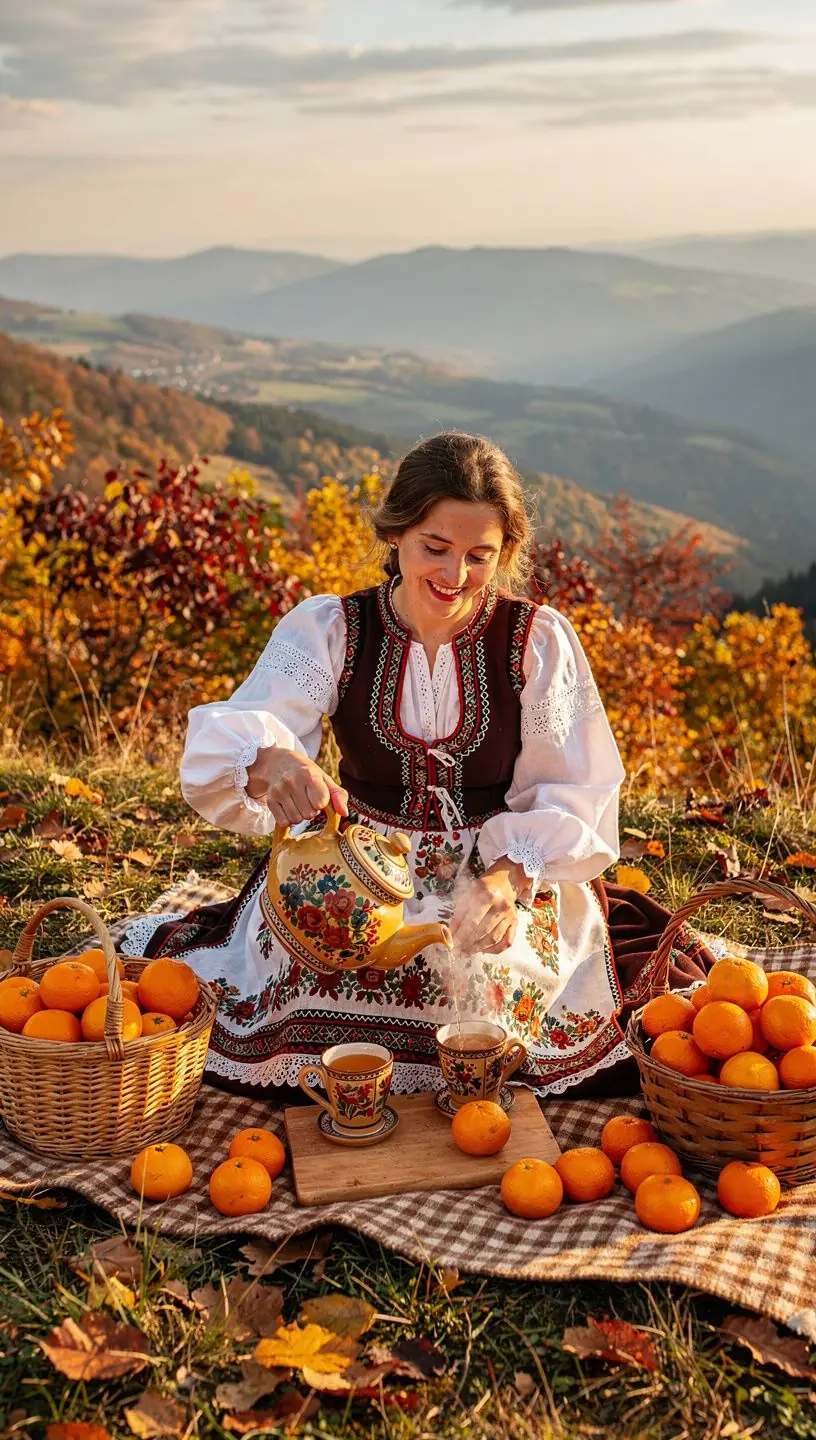 Záber na šálku čaju s mandarínkovou kôrou a škoricou, obklopený citrusmi.
